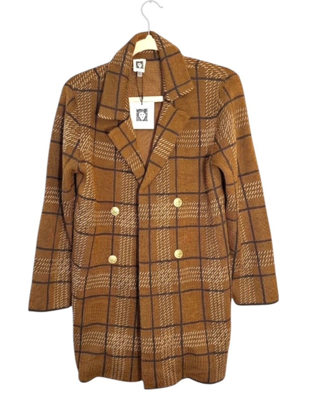 NWT Anne Klein Choc Brown Multi Windowpane Knit Sweater Coat Size S Retail $149